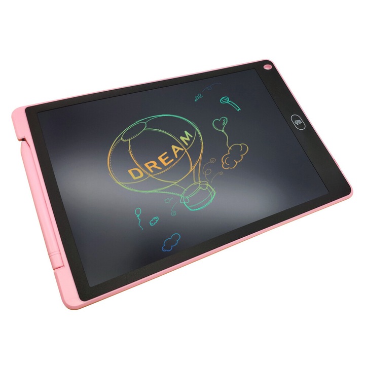 Tableta de scris LCD 12 inch, tableta de desen, ecran color, stergere cu un clic, buton de blocare, include stylus, alimentare CR2025, grosime 5 mm, Roz, 1 buc
