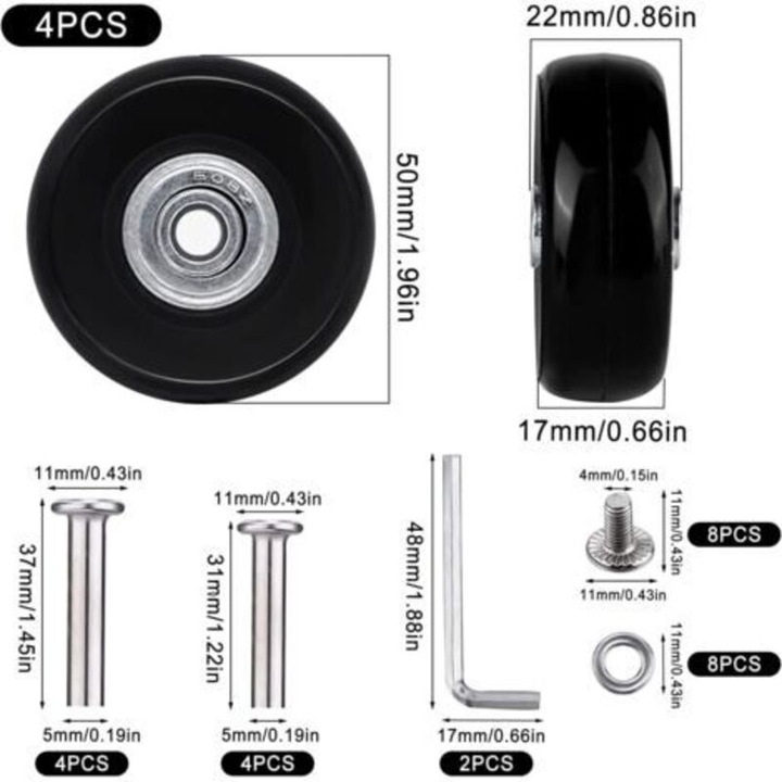 4 db gumi-fém bőröndkerék készlet 50x22mm tengely 31x37mm rögzítő tartozékokkal