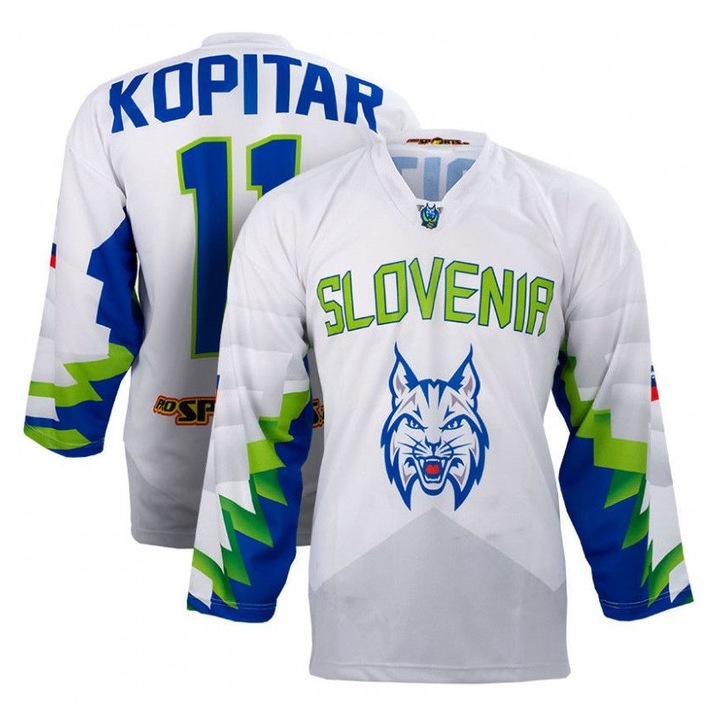 Általános, Szlovénia logós poliészter jégkorong mez, Anze Kopitar névvel és 11-es számmal, Fehér, L INTL