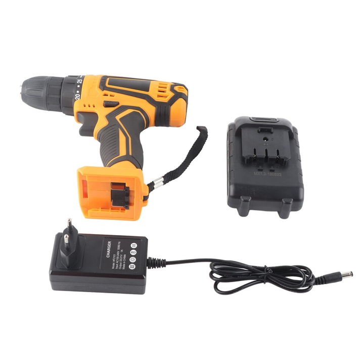 Vezeték nélküli elektromos csavarhúzó / fúró 21V 340W, 1300mAh akkumulátor, 0-400/0-1450 ford./perc sebesség, 10mm tokmány, beépített LED, narancssárga/fekete, 1 db