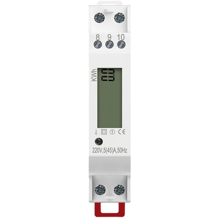 Egyfázisú DIN sínre szerelhető mérő (almérő) 45A, LCD 2 tizedesjeggyel, 1 modul, 230V 50Hz, Fehér, 1 db