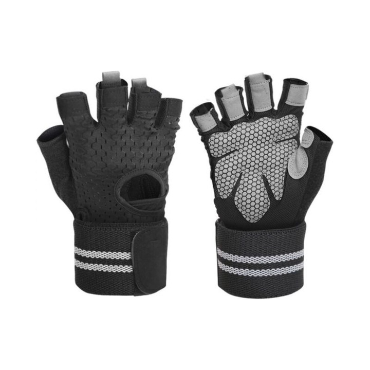 Manusi fitness din microfibra fara degete, respirabile, grip din silicon antiderapant si protectie palma cu amortizare, incheietura cu velcro si bucla de prindere, Negru, L