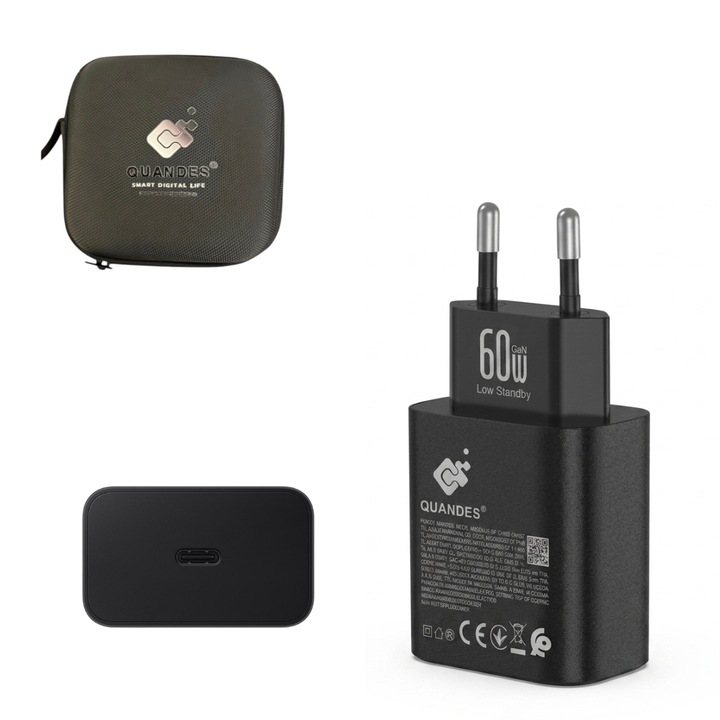 Incarcator retea 60W USB Type-C, incarcare super rapida, QUANDES ® compatibil cu Galaxy S26/25/24 Ultra, geanta depozitare, fara cablu