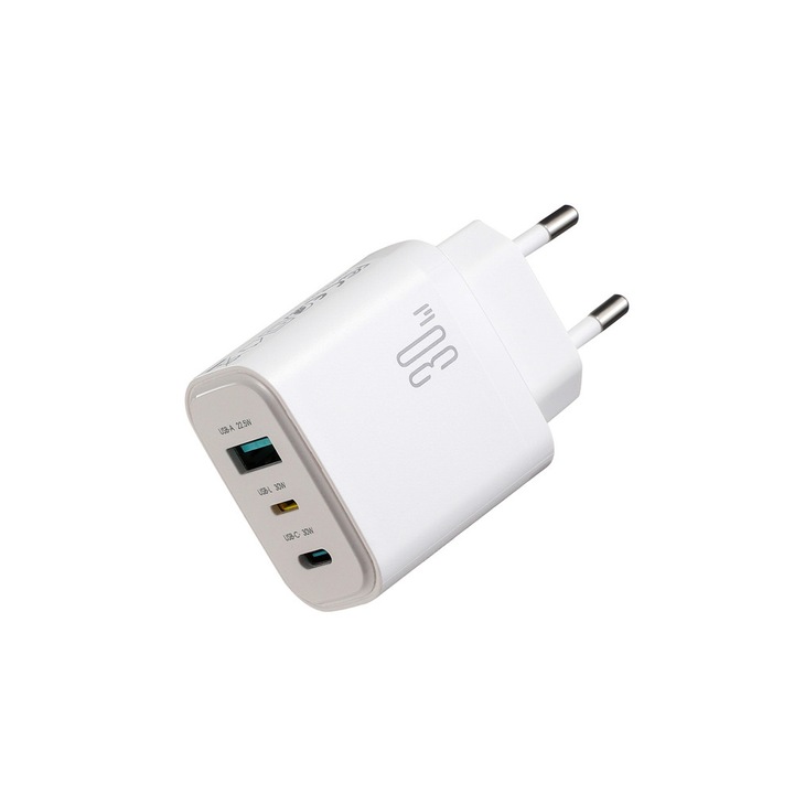 Joyroom JR-TG6 GaN hálózati töltő, 30W, 3A, 1x USB-C, 1x Lightning, 1x USB-A, Fehér