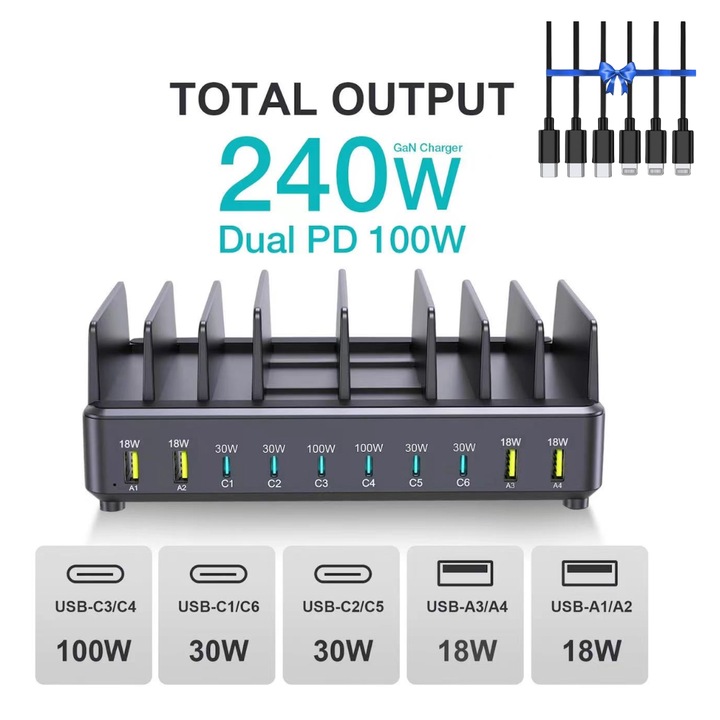 Kit Statie de Incarcare rapid 240W, GaN PD cu 10 porturi, 2 porturi 100W, 4 porturi 30W, 4 porturi USB-A de 18W, pentru MacBook, iPhone 17, 16, 15, Samsung, laptop, 3 cablu C-C, 3 Cablu C-Ligt 20cm