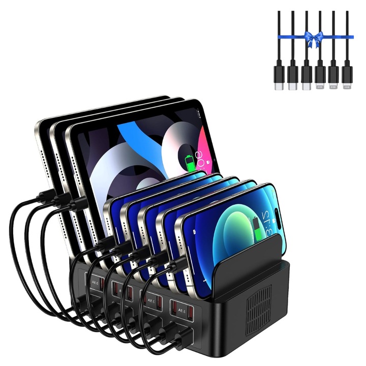 Gyors töltőállomás készlet 150W/35A, QUANDES, többportos 16 USB porttal, 8 USB-C / 8 USB-A, kompatibilis mobiltelefonnal, iPaddel, Android táblagéppel, 3 db C-C kábel, 3 db C-Lightning kábel, 20 cm