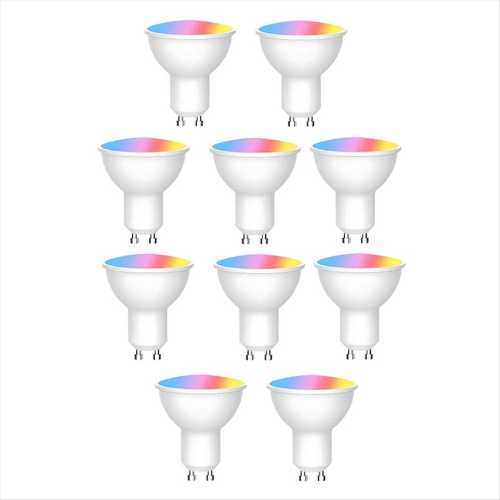 Bec LED GU10 smart Tuya WiFi, dimmabil, RGB si reglaj temperatura culoare 2700-6500K, control prin aplicatia Smart Life si vocal Alexa/Google, 6W 800 lm, CRI >85, Alb, 10 bucati