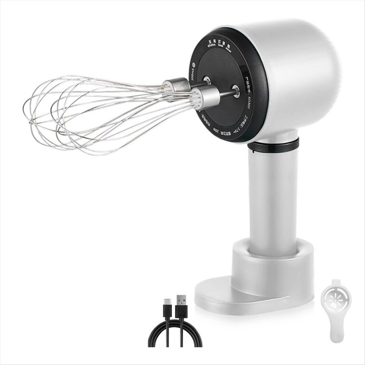 Vezeték nélküli újratölthető kézi mixer, hordozható, két rozsdamentes acél habverő, 3 sebesség, 1200mAh, 20W, Fehér, 1 db