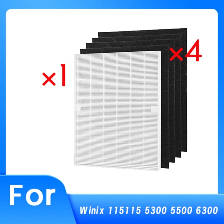 Set 5 bucati, Filtre pentru purificator compatibile Winix 115115/5300/5500/6300, HEPA-13, 4 prefiltre cu carbon activ, Alb/Negru, 1 x HEPA + 4 x carbon