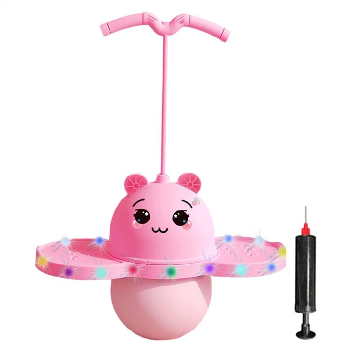 Minge pogo / saltareta cu maner, din PVC si PP, cu lumini si design panda, rezistenta, pompa inclusa, Roz, 1 buc, 42x80 cm