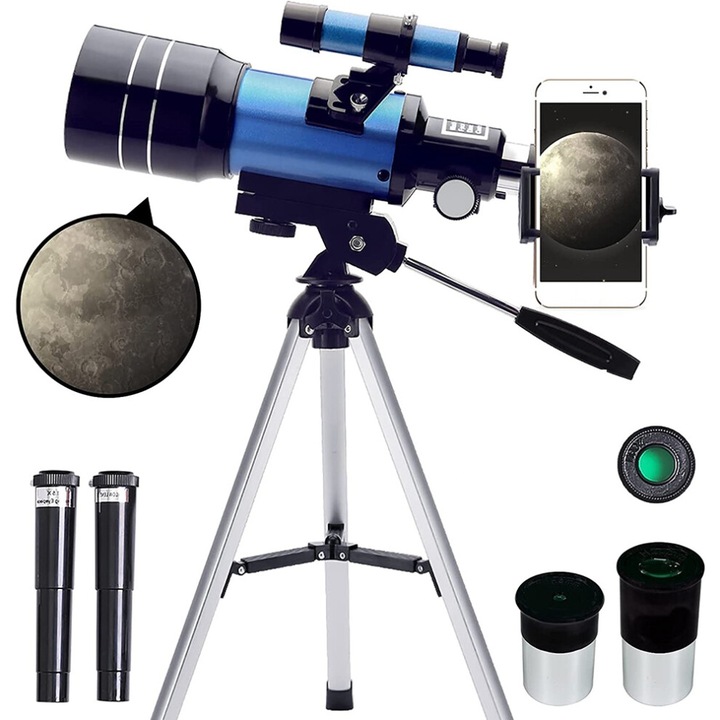 Refraktor teleszkóp 70mm 15X-150X fekete-kék 53cm szett