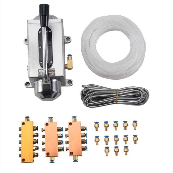 Set pompa de ungere manuala pneumatica booster pentru CNC CJ-OB-K0204-20260904-14405, teaca metalica, include furtun 20 m, tub protectie 4 m, 13 duze si 3 distribuitoare, argintiu