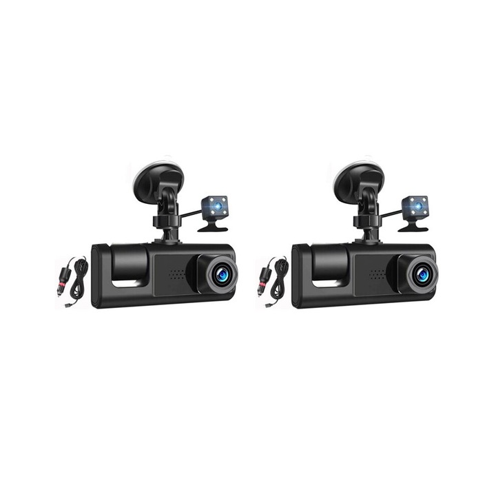 Set 2 bucati, Camera auto DVR triplu 3-canale HD 1080p, inregistrare simultana fata/interior/spate (picture-in-picture), lentila fata 170°/interior 120°, lentila spate rezistenta la apa, Negru