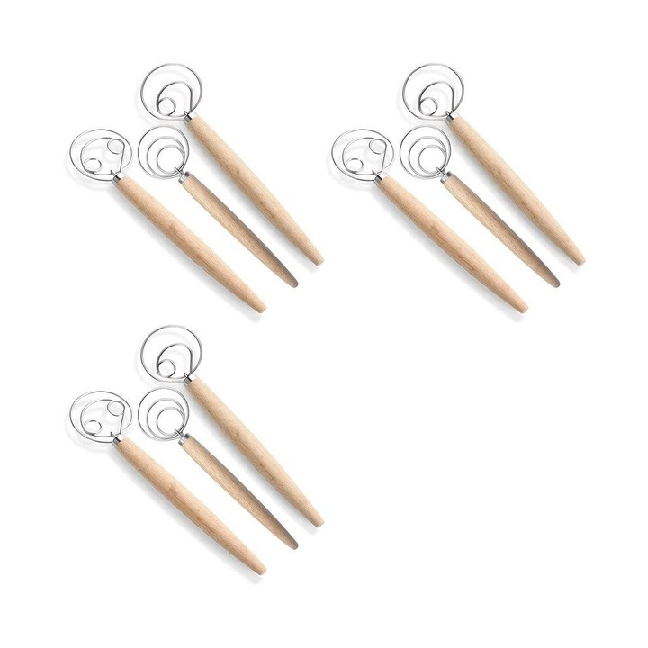 Mixer pentru aluat, manere din stejar, teluri din otel inoxidabil 3 mm, cu ochi simplu si dublu, lemn/argintiu, 9 piese (3 x 33 cm, 3 x 33 cm, 3 x 23 cm)