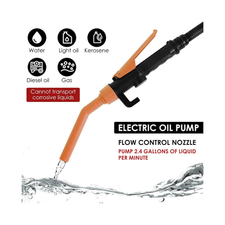 Set 2 pompe pentru transfer lichide CJ-OB-K0204-20260904-11937, debit 2.4 gal/min, duza reglabila cu control al debitului, furtun 90 cm diam. 1.2 in, functioneaza pe baterii 2xD/6xAA, plastic, portocaliu, 4 adaptoare incluse
