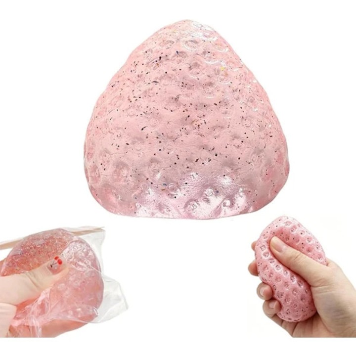 Играчка антистрес squishy/топка за релакс, от TPR (термопластичен каучук), реалистичен дизайн на ягода, с бавно и еластично възстановяване, миеща се, прозрачно розова, 8×6×6 см, 1 бр.