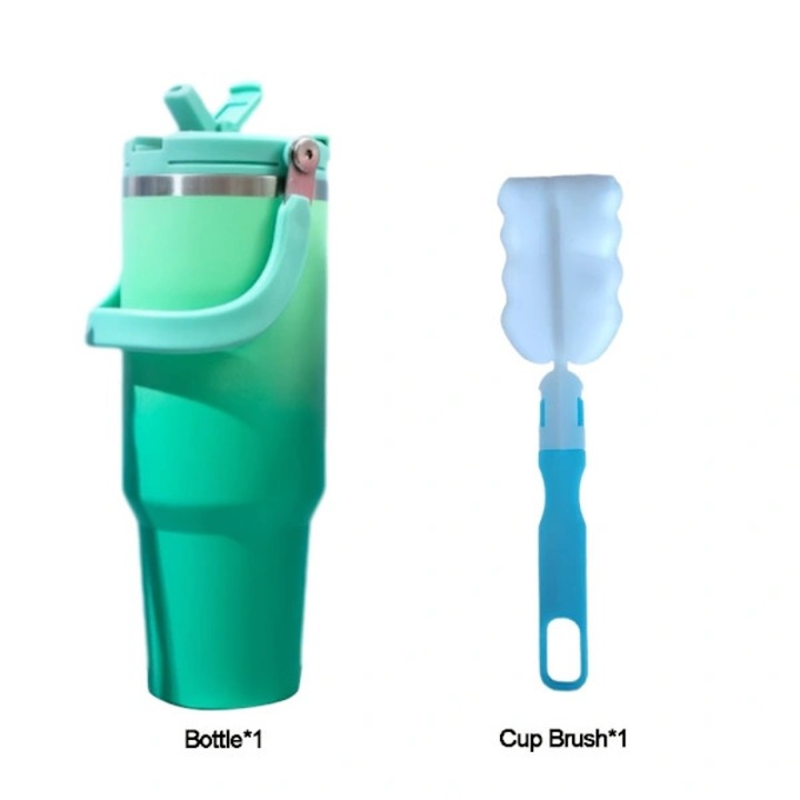 Sticla izoterma sport / cana termos gradient, otel inoxidabil SS304/SS201, capac PP cu inel etans din silicon, perie pentru pai inclusa, verde, 900ml