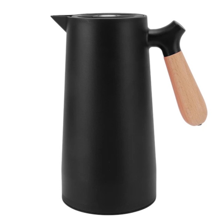 Carafa termica pentru cafea, termos, cu izolatie 12h, insert interior din sticla electroplacata, maner din lemn de fag, cioc olecranon etans, negru, 1L