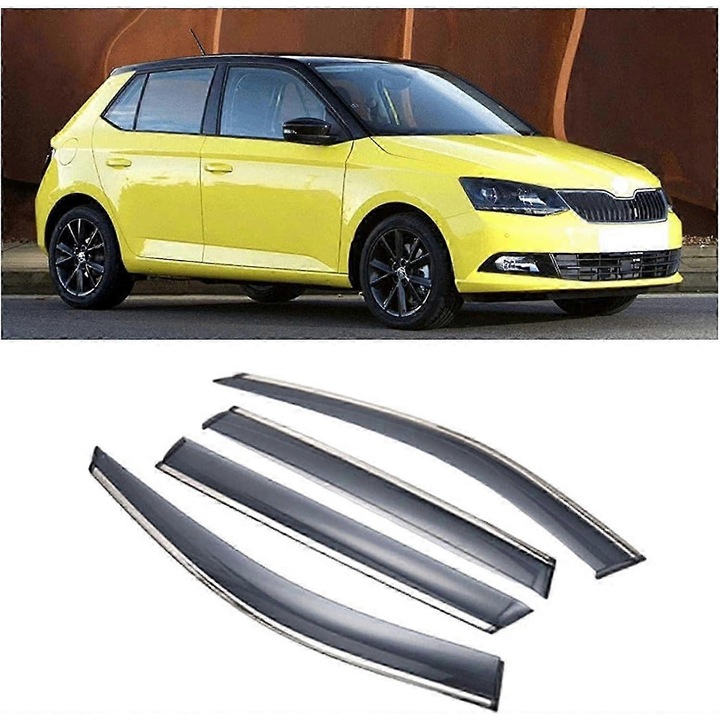 Комплект ветробрани за прозорци на автомобил Skoda Fabia 2015-2020, монтаж без пробиване с лепяща лента, подобрена вентилация и защита от дъжд/слънце, опушен, 4 броя