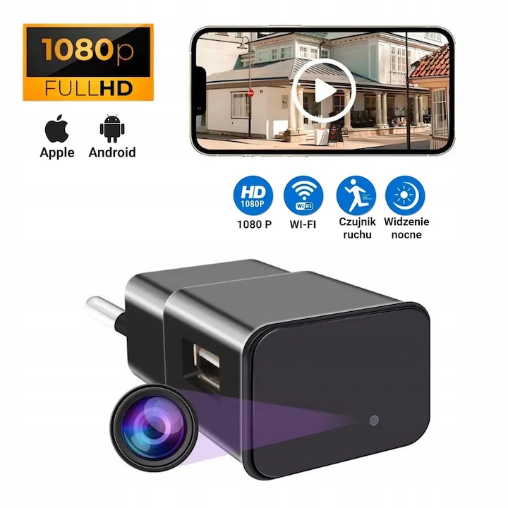 Mini camera WiFi in incarcator USB, Full HD, larga, 5V 2.1A