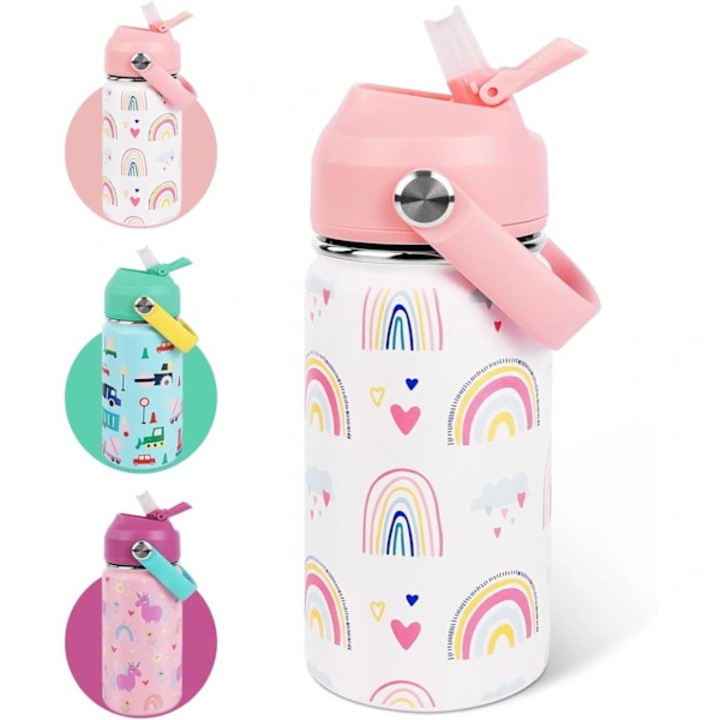 Sticla izoterma pentru copii, 350ml, cu pai si maner, multicolora