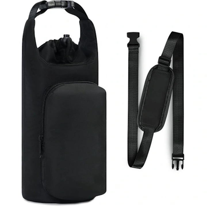 Geanta crossbody/husa pentru sticla din oxford izolata, cu buzunar cu fermoar si suport pentru telefon, curea ajustabila, negru, 1,2 L