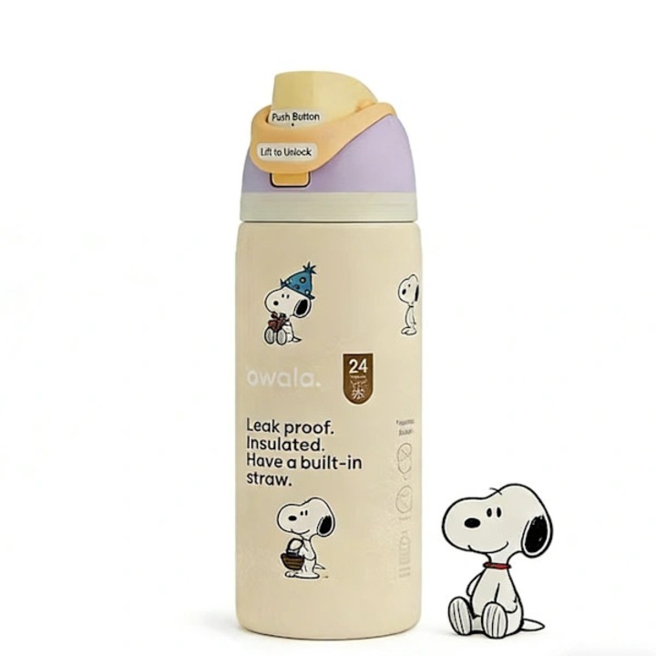 Szigetelt palack 32oz, Snoopy sárga design, rozsdamentes acél, felhajtható kupak szívószállal, szivárgásmentes