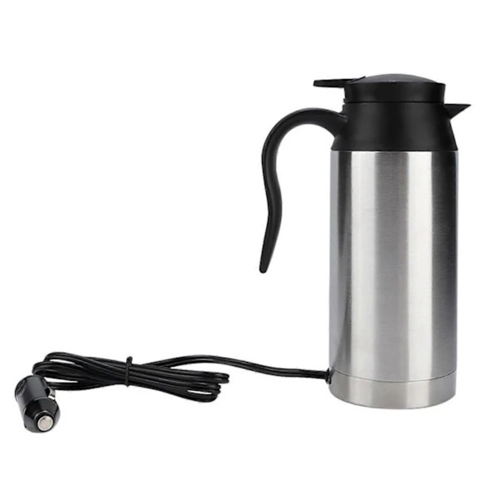 Elektromos bögre/termosz autós fűtő, rozsdamentes acél, 12 V-os szivargyújtó tápellátás, hordozható, ezüst/fekete, 750 ml