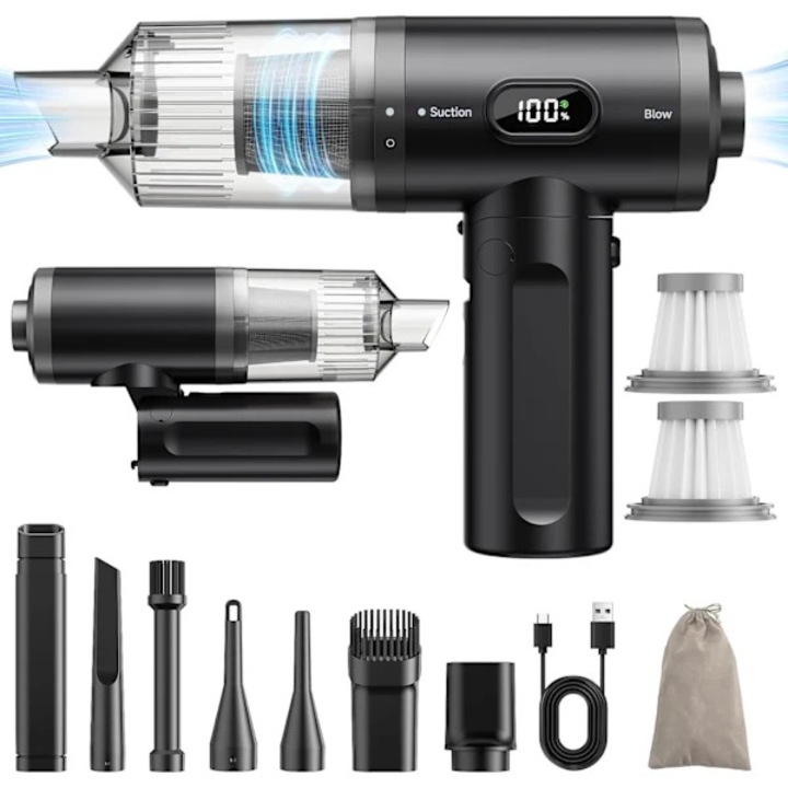Aspirator portabil/aspirator auto fara fir, 11.000 Pa putere, motor brushless, pliabil cu display digital, baterie 5000mAh 30 min autonomie, incarcare Type-C 2.5h, negru, 1 buc