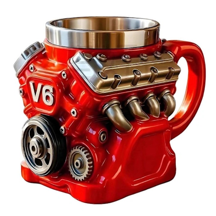 Cana pentru cafea, cana de baut din otel inoxidabil Retro Motor V6, design motor V6 detaliat, izolatie termica dubla, capacitate 15 oz (≈440 ml), rosu, 1 buc