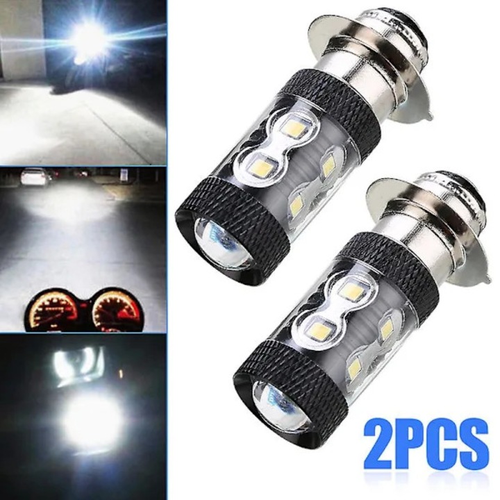 Bec Led far motocicleta P15d H6m, lampa far, 7.5W, 6500K alb rece, pentru faza lunga si scurta, IP68, 12V, montare fara modificari, 2 bucati