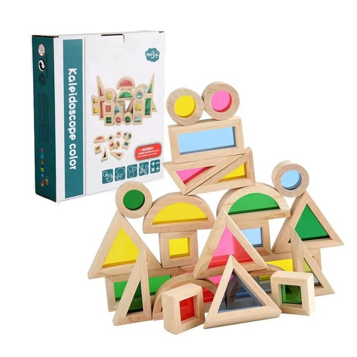 Set educativ de cuburi de constructie din lemn cu insertii colorate, stimuleaza creativitatea copiilor, SARALMA®