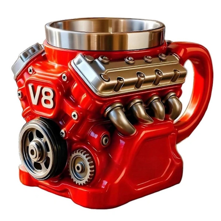 Cana termos, cana de cafea Retro Motor V8 din otel inoxidabil, cu izolatie dubla vidata, capacitate 15 oz (450 ml), design agresiv motor V8, rosu, 1 buc.