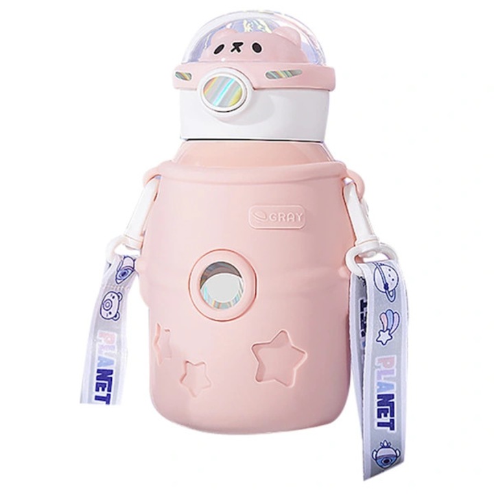 Termosz palack, rozsdamentes acél kulacs, vákuum szigetelt, szívószállal és kupakkal, páralecsapódásmentes, rózsaszín, 500ml