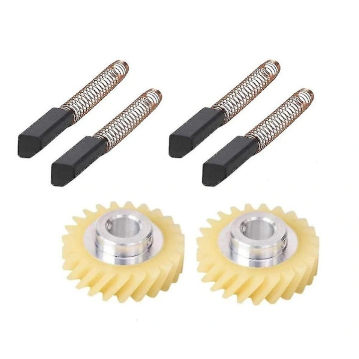 Set 6 piese roti dintate si perii de carbon pentru mixer, model W10112253/W10380496, compatibil KitchenAid/Whirlpool/Kenmore, plastic si metal, Negru/galben, 2x roti 4x perii