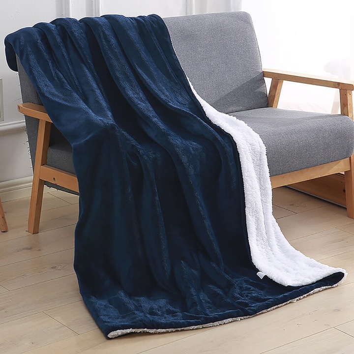 Patura groasa moale, flanela si lana, albastru inchis gri camel, 160x130cm