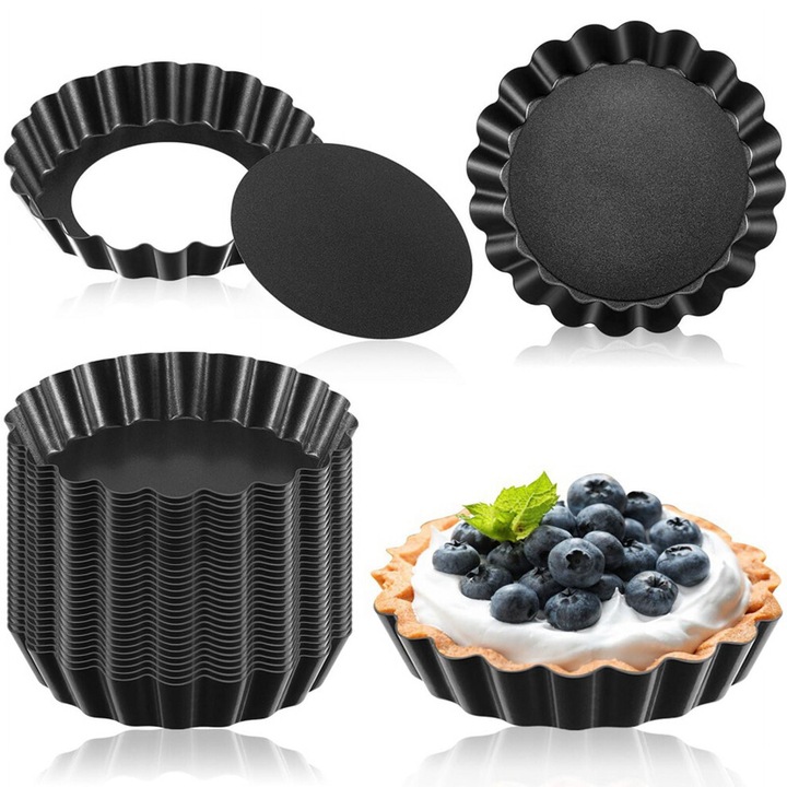 Set 32 bucati, forme pentru tartelete / mini-tarte, cu fund detasabil, antiaderente din otel carbon, design rainurat, negru, diametru 7,6 cm