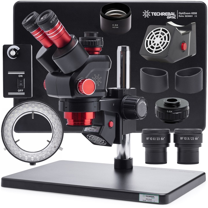 TECHREBAL OptiZoom 6558 sztereó mikroszkóp, 6,5-58x zoom, forgatható trinokuláris fej C-Mount 0,5x adapterrel és 0,5x Barlow lencsével, forrasztási füstelszívó, 56 LED-es 8W gyűrűs világítás, fekete, 1 db