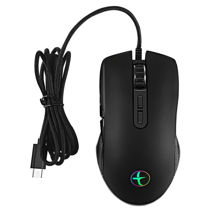 Egér/soarece USB-C Type-C, vezetékes, ergonomikus, optikai, RGB 4 mód, 4 DPI szint 800/1200/1600/3200, 7 gomb, 1,8 m kábel, fekete, 1 db
