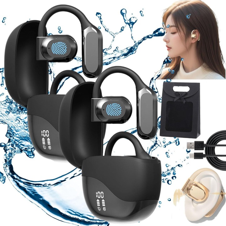 Vezeték nélküli fülhallgató IA fordító, vezeték nélküli Bluetooth, valós idejű fordítás 144 nyelven, nyitott fülű érintésvezérlésű kialakítás, gyors töltés, USB-C, Fekete/Khaki, 1-2 darab
