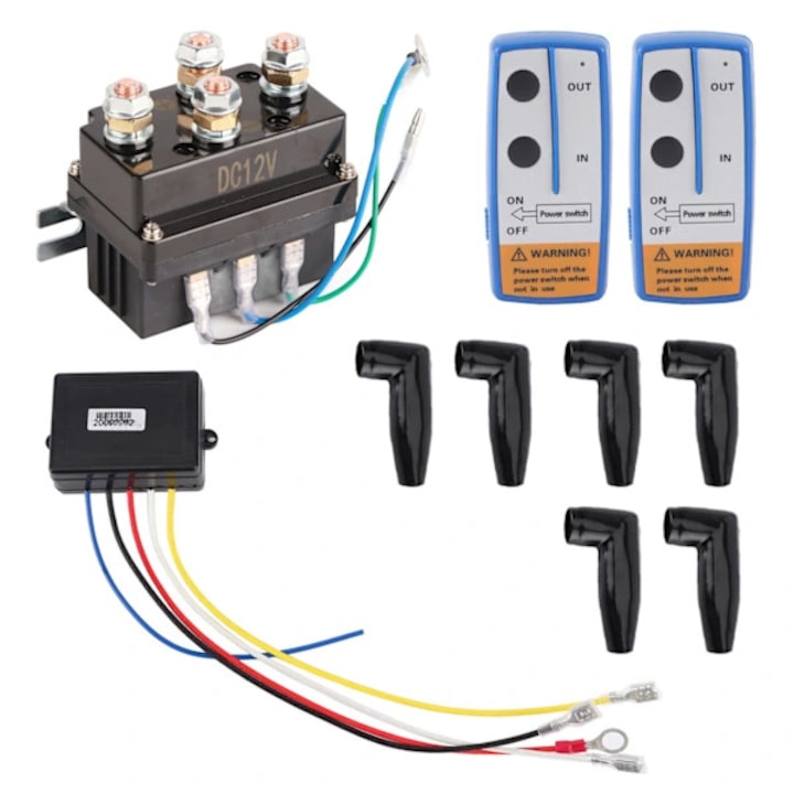 Releu solenoid contactor pentru troliu 12V 400A, cu 6 capace de protectie, telecomanda wireless dubla, cabluri si conectori, negru, 1 set