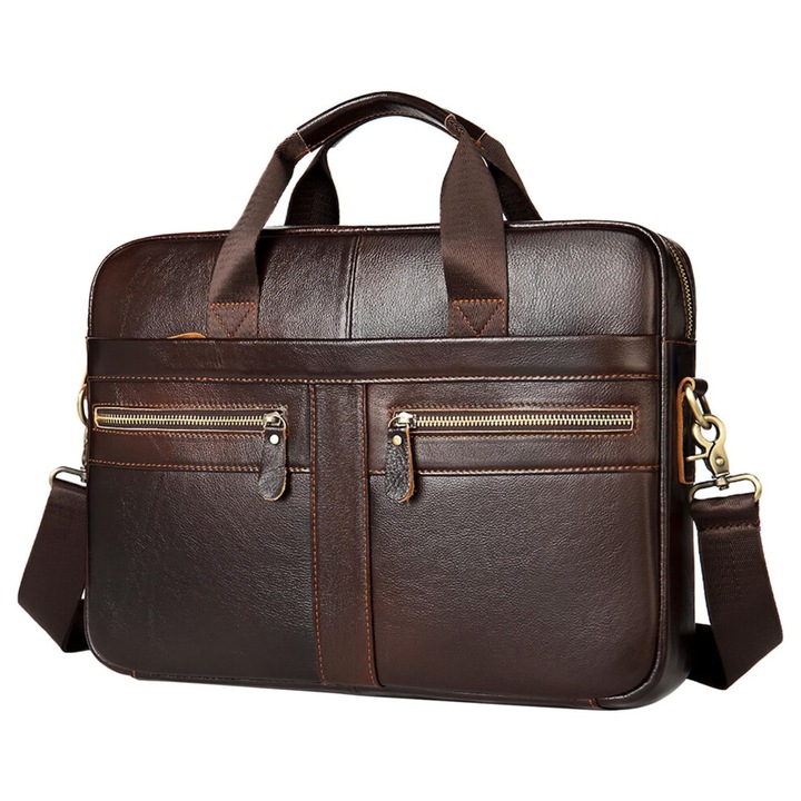 Bőrből készült laptoptáska/aktatáska, levehető és állítható pánttal, több zsebbel, cipzáras záródással, fekete/barna, 15 inch (39 x 6,5 x 28 cm)