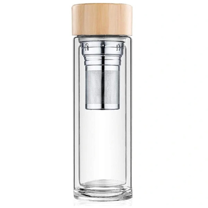 Sticla termo pentru ceai, din borosilicata, cu dublu perete izolant, cu sita metalica si capac din bambus, transparent, 450 ml