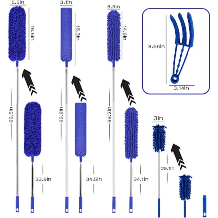 Set 8 bucati, Perie de praf/maturica din microfibra, capete detasabile si lavabile, tija telescopica din otel inoxidabil extensibila pana la 100", flexibil 360°, Albastru