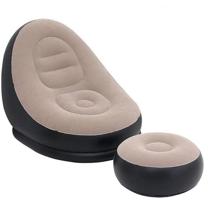 Set fotoliu gonflabil QRYX® cu suport pentru picioare, suprafata catifelata, PVC rezistent la apa, pompa inclusa, pentru interior si exterior, 116 x 88 x 83 cm, negru/bej