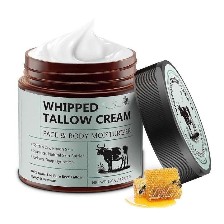 Hidratáló krém/balzsam arcra és testre, fűvel táplált szarvasmarha faggyúból, mézzel és méhviasszal, érzékeny bőrre, anti-aging, Fehér, 120 g