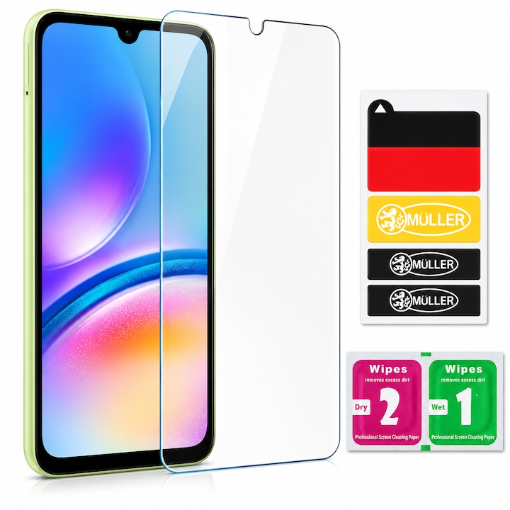 Folie Sticla Securizata Compatibila cu Xiaomi Redmi A5, Transparenta, include Set Curatare si 3 Stickere Müller® pentru Indepartare Praf Display/ Ecran din Sticla