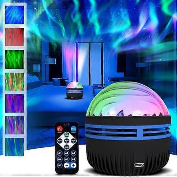 Galaxis projektor Északi fény, aurora és óceáni hullámok vetítése, 7 effekt, zene szinkronizálás, távirányító, USB-ről tölthető, 3 sebességfokozat, Többszínű, 1 db