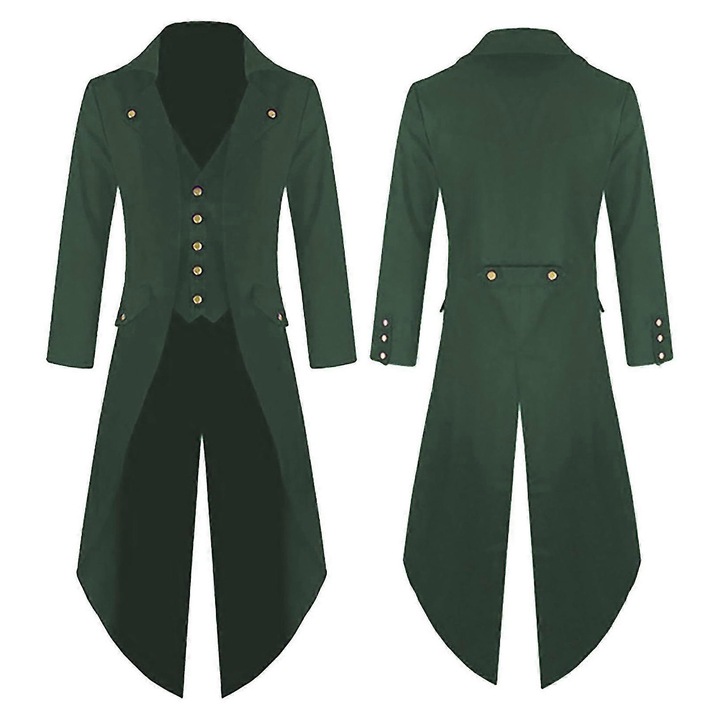 Palton lung / jacheta tip frac din poliester, stil steampunk gotic vintage, cu nasturi aurii si coada, verde inchis, XXXL (44 EU)