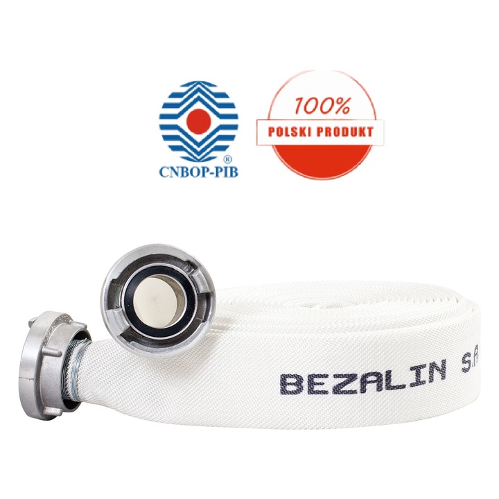 Bezalin W 52-20-lA/PCV tűzoltótömlő, nyomótömlő, 52 mm átmérőjű, alumínium STORZ csatlakozókkal, CNBOP tanúsítvánnyal, fehér, 20 m